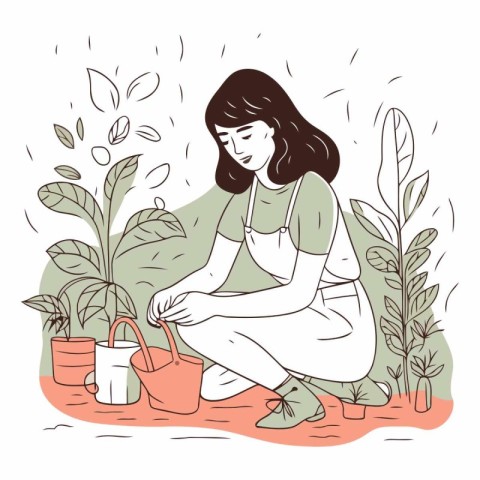 Vector illustration of a woman watering houseplants in the garde