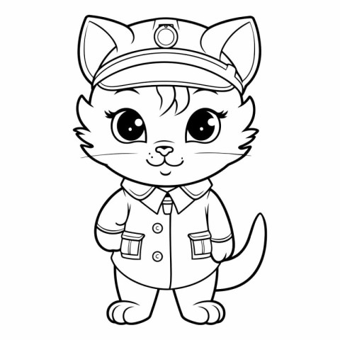 Black and White Cartoon Illustration of Cute Cat Captain Charact