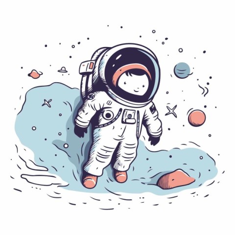 Astronaut flying in the space. Hand drawn vector illustration.