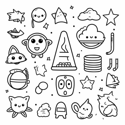 Hand drawn doodle set of cute kawaii elements.