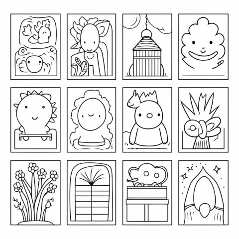Set of cute doodle elements in black and white.