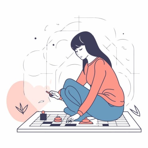 Girl playing chess in a flat style. The girl is sitting on the f