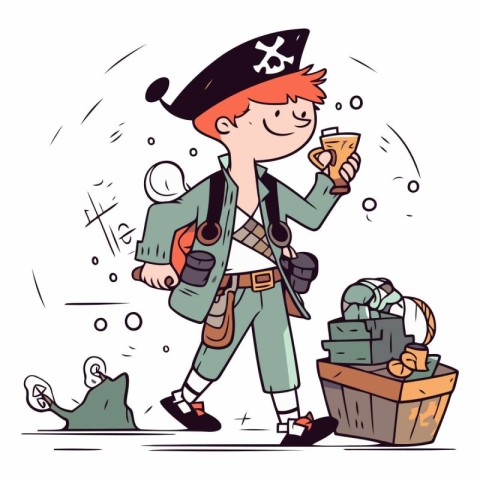 Cartoon pirate boy with a map in his hand.