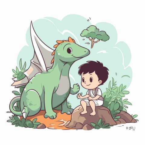 Cute little boy playing with dinosaur in the park.