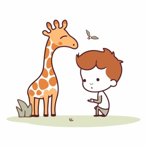 Cute little boy playing with giraffe in cartoon style