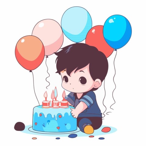 Cute little boy with birthday cake and balloons.