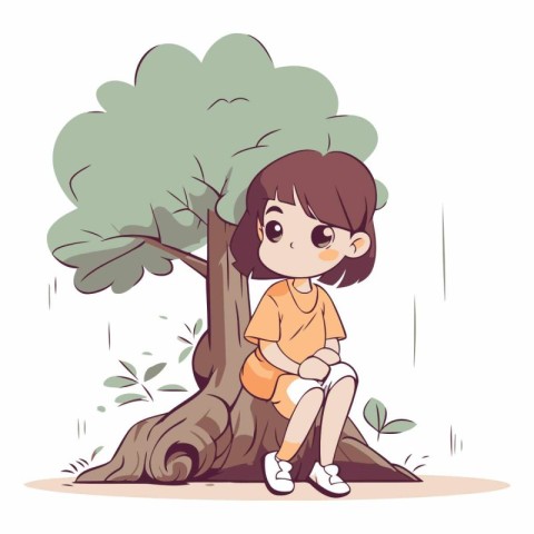 Little girl sitting on a big tree. Cute cartoon vector illustrat