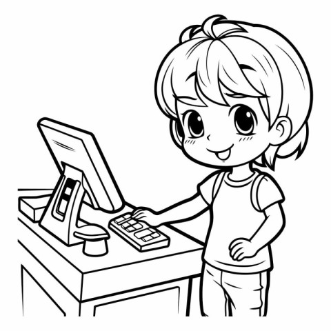 Girl working at the computer - Black and White Cartoon Illustrat