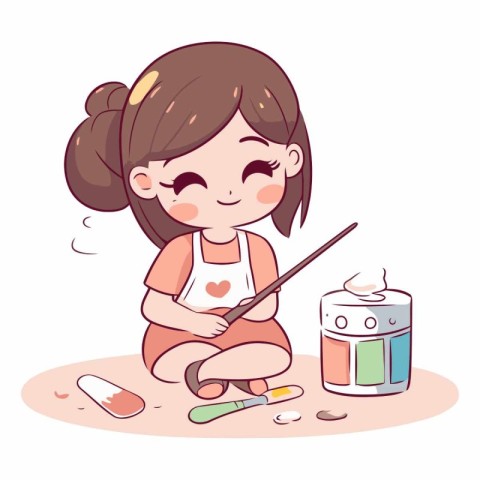 Cute little girl painting on the floor. Vector cartoon illustrat