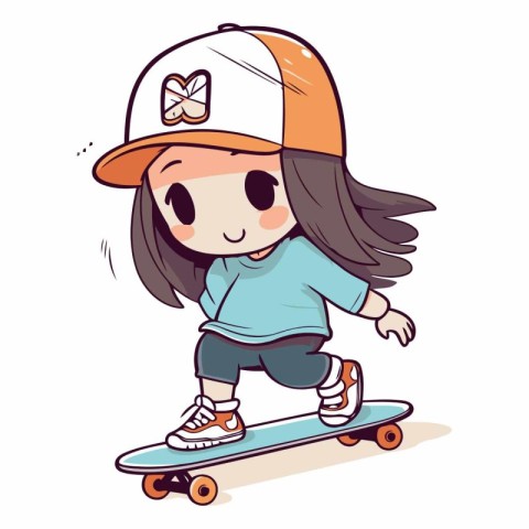 Cute little girl riding a skateboard. Vector cartoon illustratio