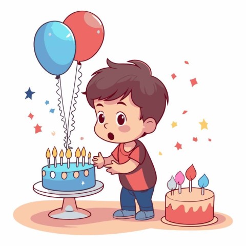 Cute little boy with birthday cake and balloons.