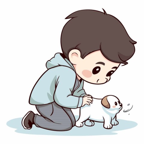 Illustration of a Little Boy Cuddling a Pet Puppy