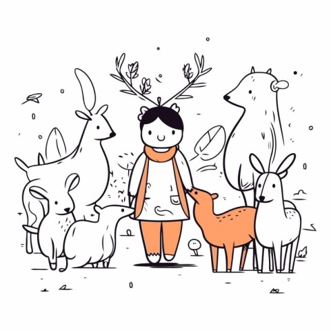 Little girl with deer in doodle style.
