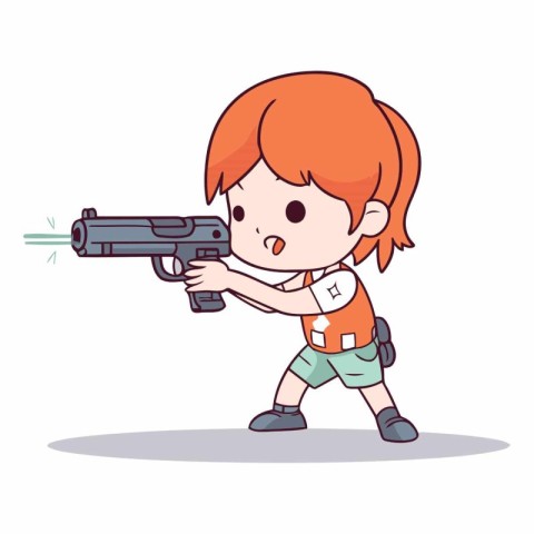 Cute little girl aiming a gun in cartoon style.