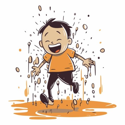 Vector illustration of a happy boy jumping in a puddle of water.