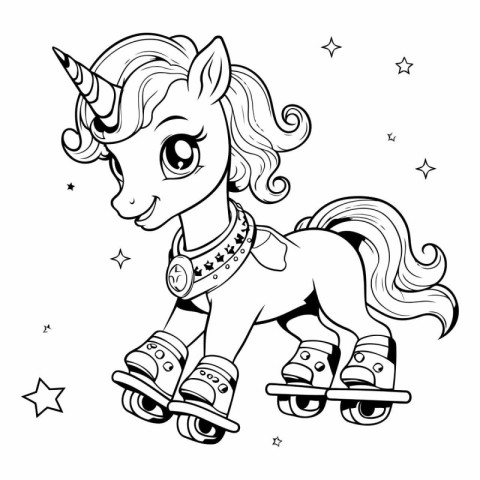 Unicorn on roller skates. Black and white vector illustration.