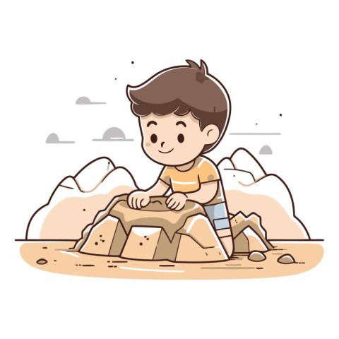 Little boy playing with sand in the desert. Cute cartoon vector