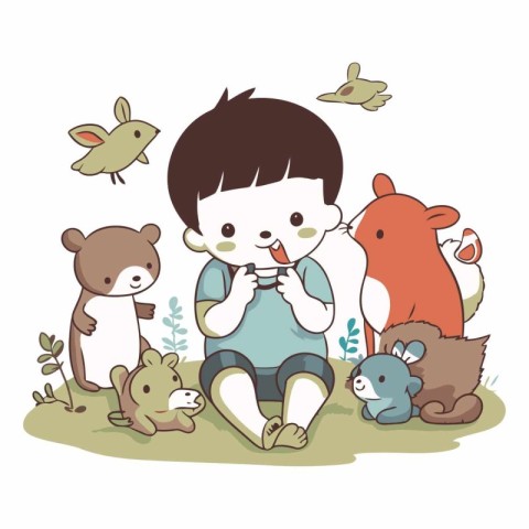 Cute little boy playing with animals in the park.