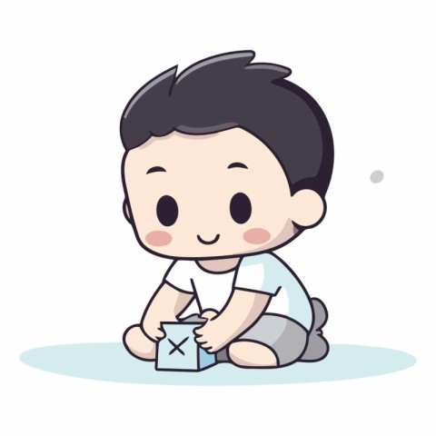 Baby boy with gift box. Cute cartoon style vector illustration.