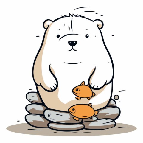 Illustration of a Cute Polar Bear with Goldfish on Rock