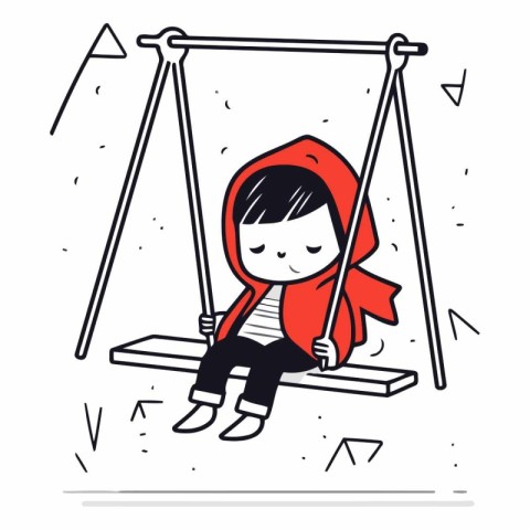 Cute little girl sitting on swing in doodle style.