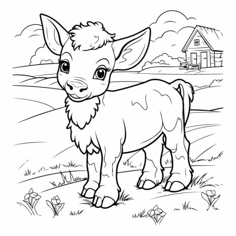 Cute little calf in the meadow. Coloring book for children.