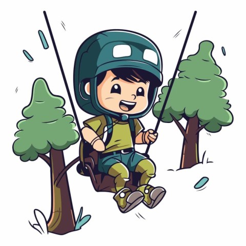 Little boy swinging on a swing in the forest.