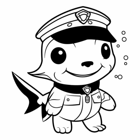 Black and White Cartoon Illustration of Cute Little Fish Captain