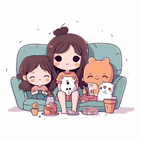 Cute little girls cartoon sitting on the sofa with their favorit