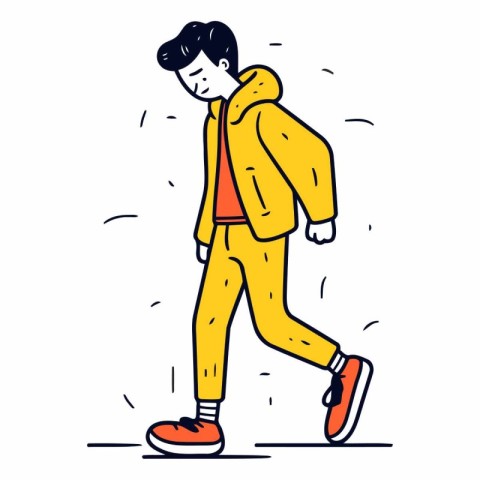 Vector illustration of a young man in a yellow coat walking on t