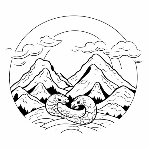 snake in the mountains. black and white vector illustration for