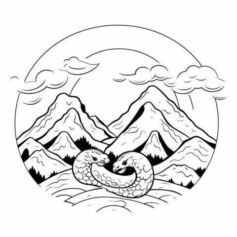 snake in the mountains. black and white vector illustration for