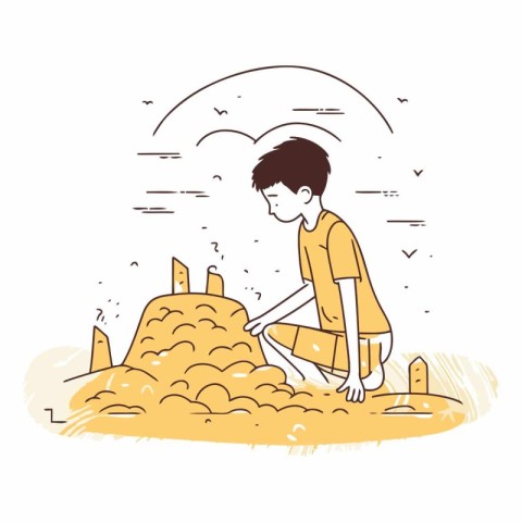 Boy playing sandcastle in doodle style.