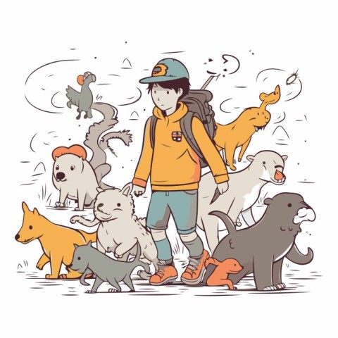 Vector illustration of a boy with a backpack and a group of dogs