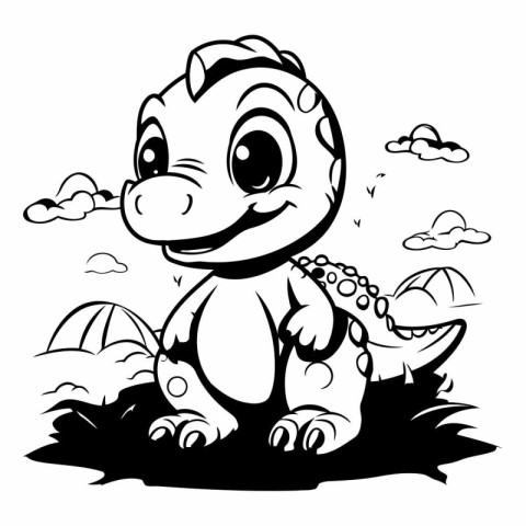 Cute baby dinosaur - black and white vector illustration for col