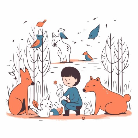 Cute little boy playing with foxes in the park