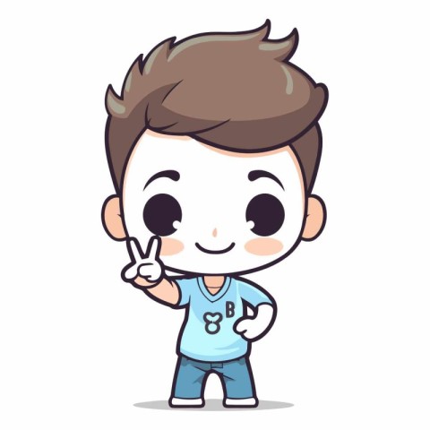 Cute boy showing victory gesture - Cute cartoon character vector