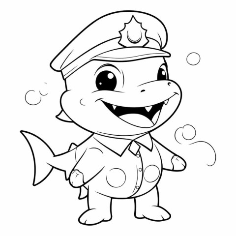 Black and White Cartoon Illustration of Cute Fish Policeman Char