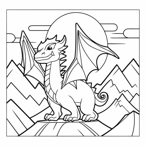 Coloring book for children: cute dragon on the background of mou