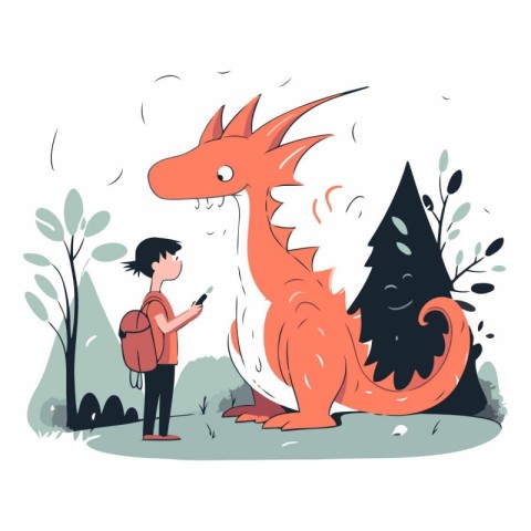 Vector illustration of a boy with a backpack and a dragon in nat