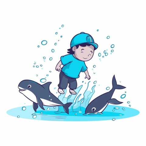 Cute boy playing with a little killer whale.