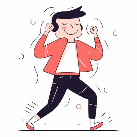 Vector illustration of happy man dancing and listening to music