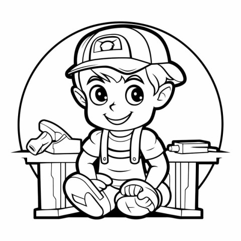 Black and White Cartoon Illustration of Cute Little Boy Builder