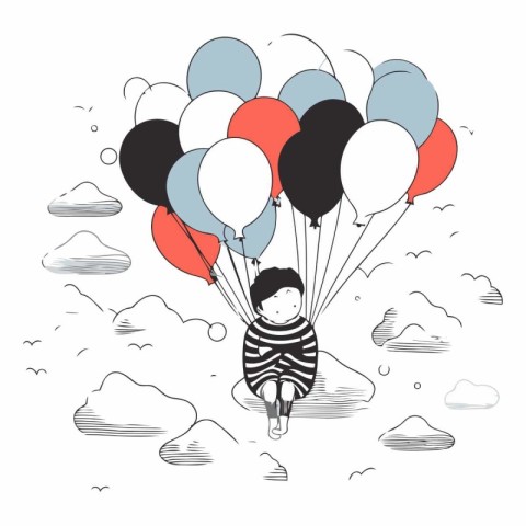 Cute little boy flying on balloons in the sky.