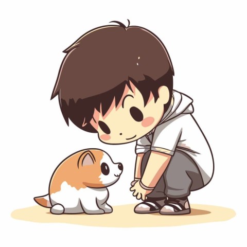 Boy playing with cute dog on white background. Vector cartoon il