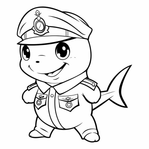 Black and White Cartoon Illustration of Cute Little Shark Captai