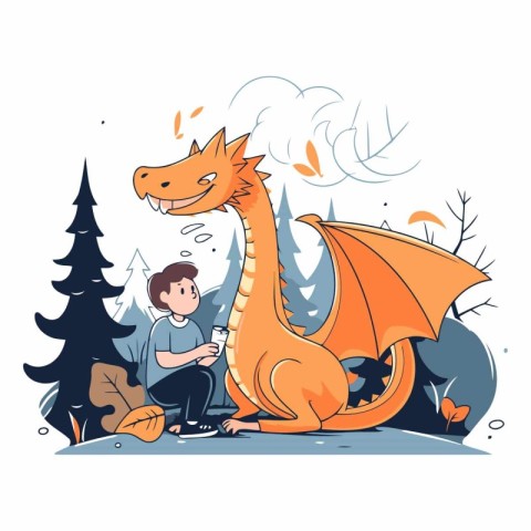 Vector illustration of a little boy playing with a dragon in the