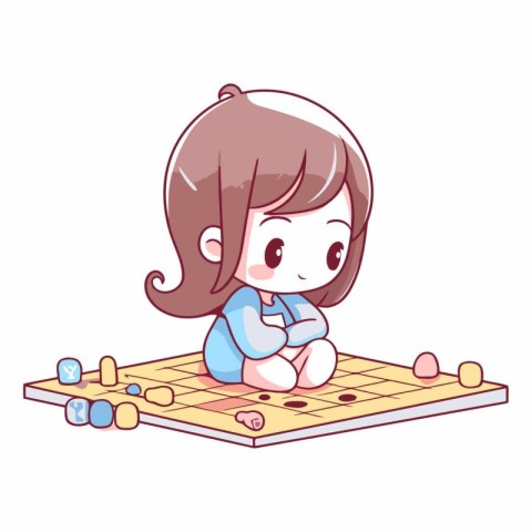 Cute little girl playing board game in cartoon style.