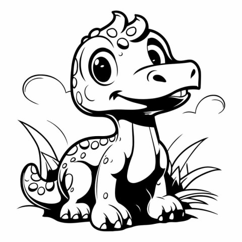 Cute Cartoon Dinosaur - Black and White Cartoon Illustration. Ve