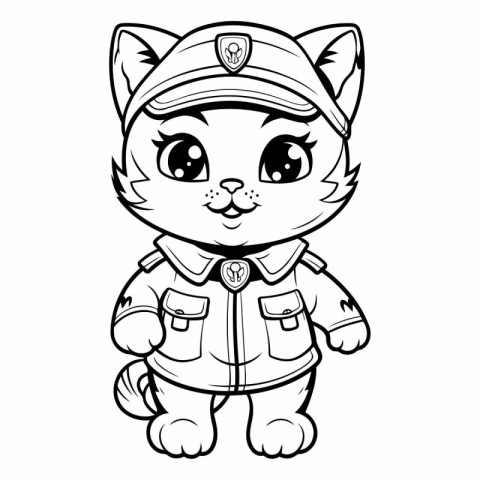 Black and White Cartoon Illustration of Cat Police Officer Chara